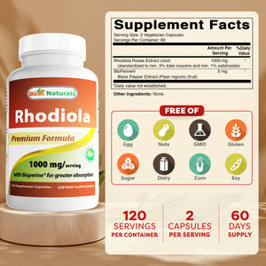 Best Naturals Rhodiola 1000 mg with 5 mg Bioperine 120 Vegetarian Capsules