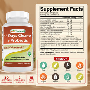 Best Naturals 15 Days Cleanse + Probiotics for Gut & Colon Health* for Women & Men with Senna, Cascara Sagrada & Psyllium Husk- 15 Days Supplies. Non-GMO & Gluten Free.