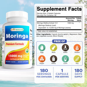 Best Naturals Moringa 15000 mg Equivalent per Serving - 180 Capsules - Superfood Nutrients for Healthy Wellbeing