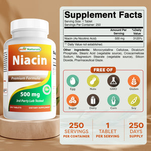Best Naturals Niacin 500mg 250 Tablets with Flushing - Also Called Vitamin B3