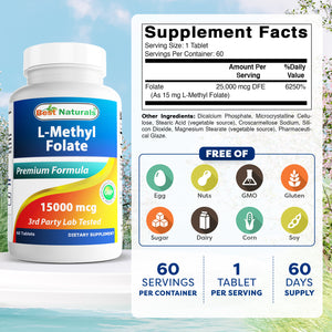 Best Naturals Methyl Folate 15000 mcg (15mg) (Most Bio-Available) 60 Tablets