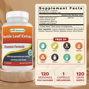 Best Naturals Nettle Leaf Extract 5000 mg Equivalent Per Serving- 120 Capsules