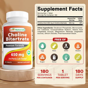 Best Naturals Choline Bitartrate 650 mg 180 Tablets
