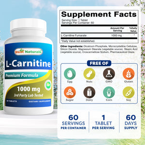 Best Naturals L-Carnitine 1000 mg 60 Tablets