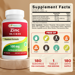 Best Naturals Zinc 100 mg with Vitamin C & D3 180 Tablets Gluten Free and Non-GMO