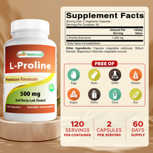 Best Naturals L-Proline 500 mg 120 Vegetarian Capsules