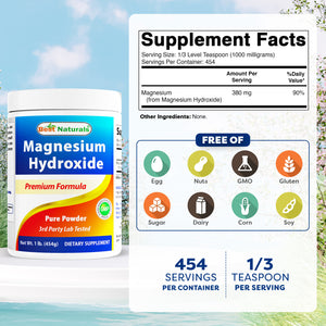 Best Naturals Magnesium Hydroxide Powder - 380mg of Elemental Magnesium per Serving - 454 Servings per Cotainer - 1 Pound