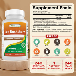 Best Naturals Sea Buckthorn Oil Powder Capsules 5000 mg Equiavelnt 240 Capsules - Non-GMO, Gluten Free - Contains Naturally Occuring Omega-7 Palmetoleic Acid
