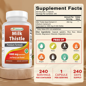 Best Naturals Milk Thistle Extract 1000mg Equivalent - 240 Capsules - Non-GMO & Gluten Free