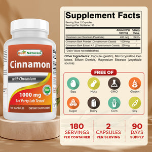 Best Naturals Cinnamon with Chromium 1000 mg 180 Capsules