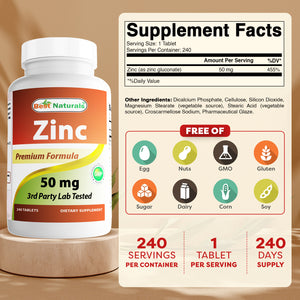 Best Naturals Zinc Supplement as Zinc Gluconate 50mg 240 Tablets