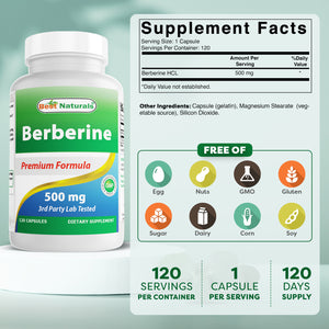 Best Naturals Berberine 500mg 120 Capsules - Supports Immune Function, Cardiovascular & Gastrointestinal Function