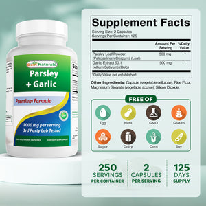Best Naturals Parsley and Garlic 1000 mg per Serving 250 Vegetarian Capsules. Gluten Free and Non-GMO.