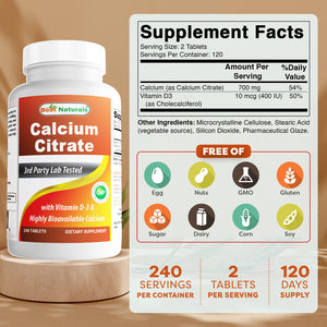 Best Naturals Calcium Citrate with Vitamin D3 240 Tablets