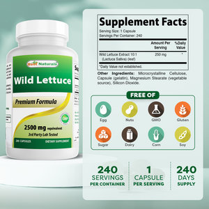 Best Naturals Wild Lettuce 10:1 Extract 250 mg (Equivalent to 2500 mg Wild Lettuce Powder) - 240 Capsules