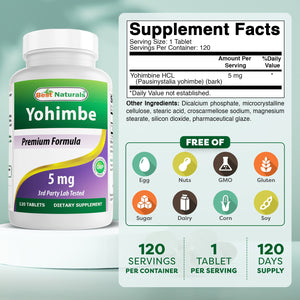 Best Naturals Yohimbe 5 mg 120 Tablets - Supports Fat Loss and Boosts Metabolism