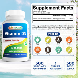 Best Naturals Vitamin D3 – 300 Tablets – Made in USA, Non-GMO, Gluten Free, No Artificial Color, Flavor or Preservatives – Dietary Supplement (10000 IU)