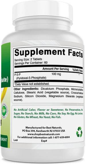 Best Naturals P5P Vitamin B6 (Pyridoxal 5 Phosphate) 100 mg/Serving - 120 Tablets - an Active Form of Vitamin B6.