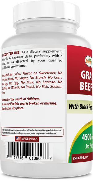Best Naturals Grass Fed Beef Liver Capsules 4500mg 250 Count