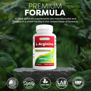 Best Naturals L-Arginine 3000mg Per Serving - 240 Tablets - Pharmaceutical Grade - Non-GMO & Gluten Free - Made in The USA