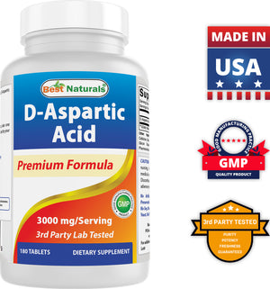 Best Naturals D Aspartic Acid (DAA) 3000mg per Serving - Non-GMO & Gluten Free - 180 Tablets