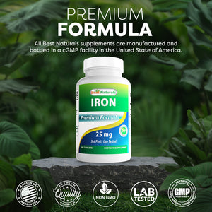 Best Naturals Iron Supplement (Iron Bisglycinate) - 25mg - 180 Tablets - Gentle of Stomach - Non-Constipating