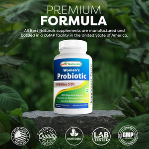 Best Naturals Probiotics for Women 100 Billion CFU - 10 Strains + Prebiotics Fiber + Digestive Enzyme Blend + Women's Health Herbal Blend - Immune, Digestive & Gut Health - 60 Deleyaed Capsules