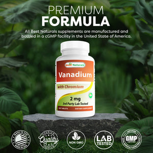 Best Naturals Vanadium 2 mg with Chromium Polynicotinate 200 mcg - Helps Maintain Healthy Blood Sugar Levels - 180 Tablets