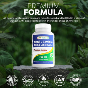 Best Naturals Acetyl L-Carnitine Alpha Lipoic Acid 750 mg 120 Capsules