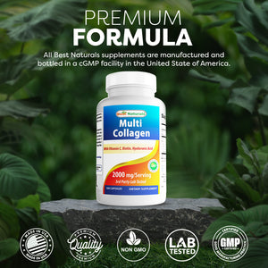 Best Naturals Multi Collagen Pills 2000mg for Women & Men - Hydrolyzed Collagen Peptides Capsules for Hair Skin and Nails with Types I II III V X, Biotin, Hyaluronic Acid & Vitamin C