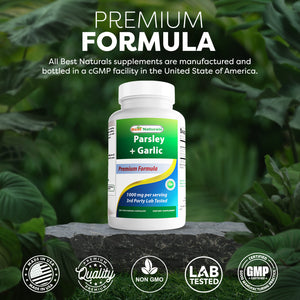 Best Naturals Parsley and Garlic 1000 mg per Serving 250 Vegetarian Capsules. Gluten Free and Non-GMO.