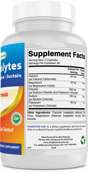 Best Naturals Electrolytes Hydrate-Balance- Sustain Premium Formula 240 Capsules. Gluten Free and Non-GMO.