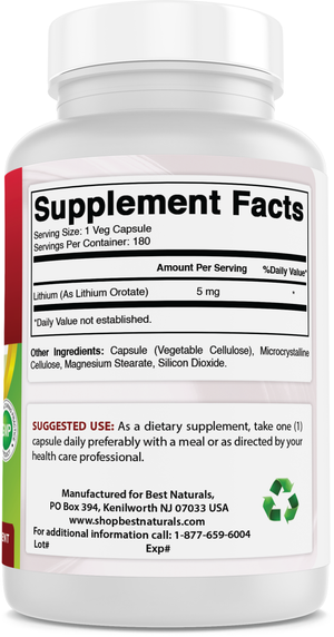 Best Naturals Lithium Orotate 5 mg 180 Capsules - Non GMO - Gluten Free