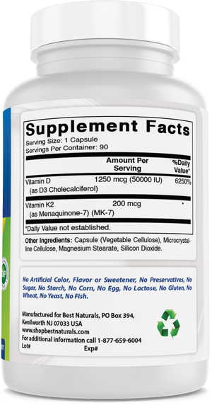 Best Naturals Vitamin D3 50,000 IU with MK-7 K2 200 mcg – 90 Veg Capsules – High Potency – Non-GMO, Gluten Free