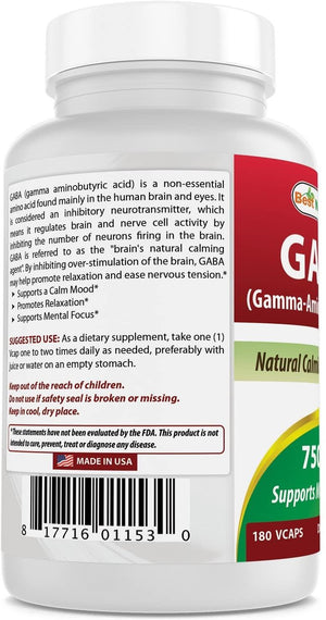 Best Naturals GABA Supplement 750mg 180 Veggie Capsules, Naturals Sleep Aid - shopbestnaturals.com