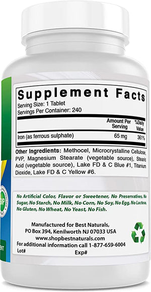 Best Naturals Iron Supplement - 65 mg - 240 Tablets - Non-GMO & Gluten Free