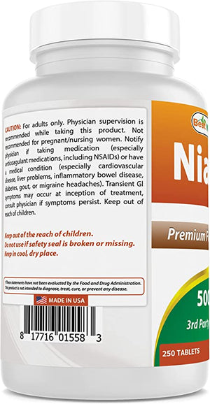 Best Naturals Niacin 500mg 250 Tablets with Flushing - Also Called Vitamin B3