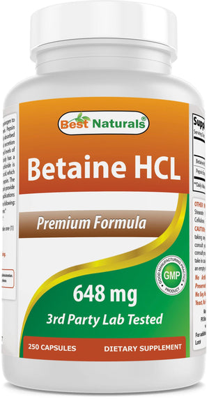 Best Naturals Betaine HCl 648 mg 250 Capsules - shopbestnaturals.com