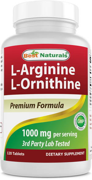 Best Naturals L-Arginine L-Ornithine - 1000mg per Serving - 120 Tablets - Non-GMO & Gluten Free