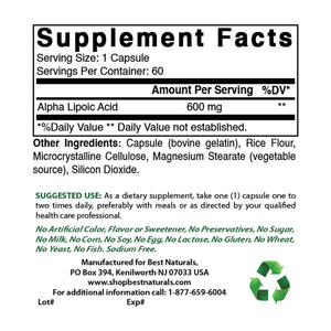 Best Naturals Alpha Lipoic Acid 600 mg 60 Capsules - shopbestnaturals.com