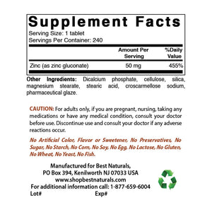 Best Naturals Zinc Supplement as Zinc Gluconate 50mg 240 Tablets - Immune Support - shopbestnaturals.com