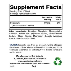 Best Naturals Potassium Chloride Supplement 99mg 400 Tablets - 3rd Party Lab Tested