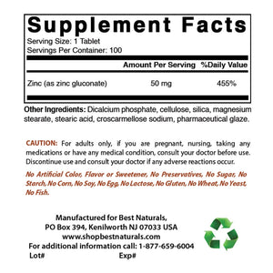 Best Naturals Zinc 50mg Supplements (as Zinc Gluconate) - Zinc Vitamins for Adults Immune Support - 100 Tablets - shopbestnaturals.com