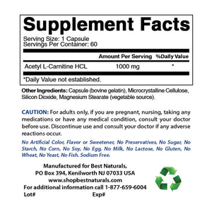 Best Naturals Acetyl L-Carnitine 1000 mg 60 Capsules - shopbestnaturals.com