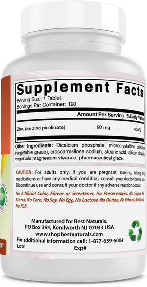 Best Naturals Zinc 50mg Supplements (as Zinc Picolinate) - Zinc Vitamins for Adults Immune Support - 120 Tablets - shopbestnaturals.com