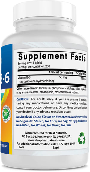 Best Naturals Vitamin B-6 50 mg 250 Tablets - shopbestnaturals.com