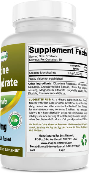 Best Naturals Creatine Monohydrate 1000 mg 240 Tablets