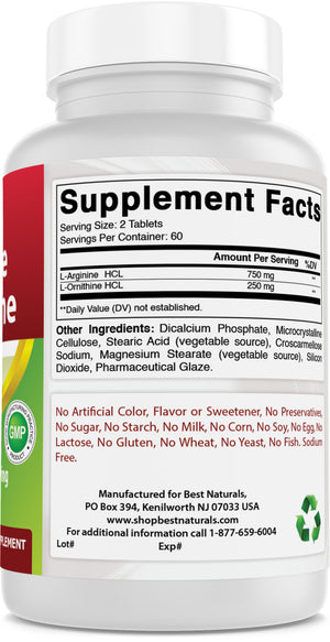 Best Naturals L-Arginine L-Ornithine - 1000mg per Serving - 120 Tablets - Non-GMO & Gluten Free