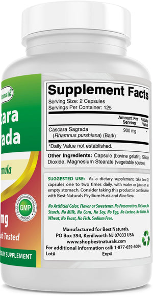 Best Naturals Cascara Sagrada 450 mg 250 Capsules - shopbestnaturals.com