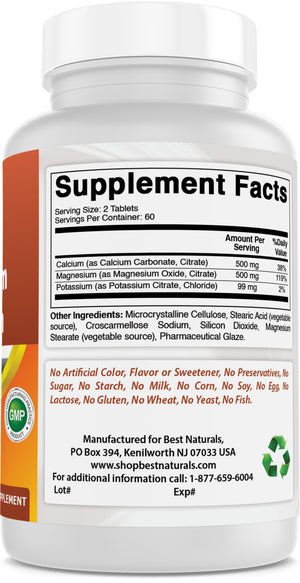 Best Naturals Calcium Magnesium Potassium - 120 Tablets - Non-GMO & Gluten Free